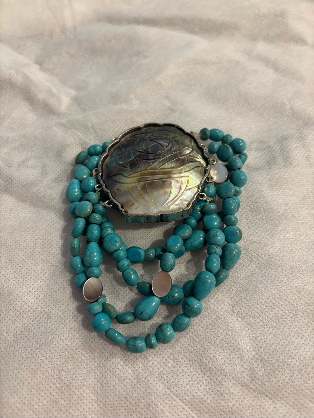 Chico's Turquoise Beaded Multi-Strand Bracelet with Mother-of-Pearl Medallion